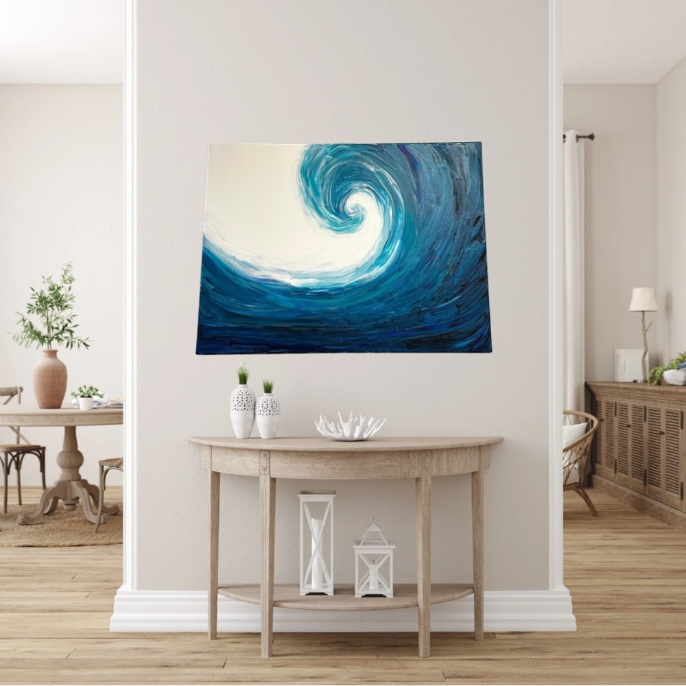 18x24 Hand painted acrylic art painting ocean beach wave in shades of blue - Picture 3 of 8